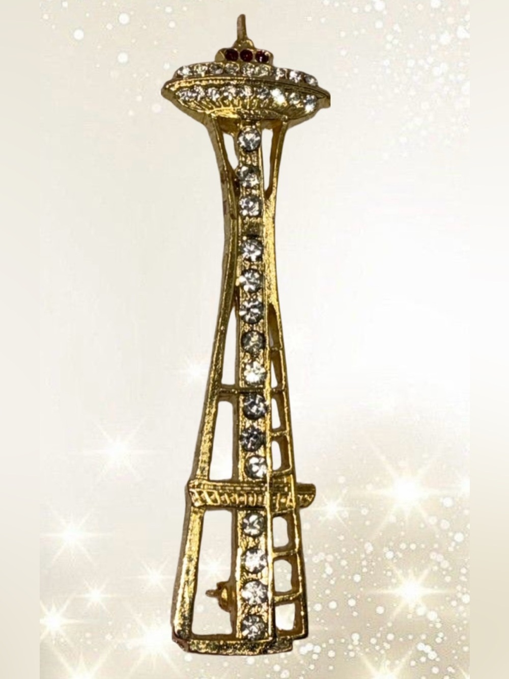 Vintage Gold Space Needle Rhinestone Brooch Seattle Landmark Pin